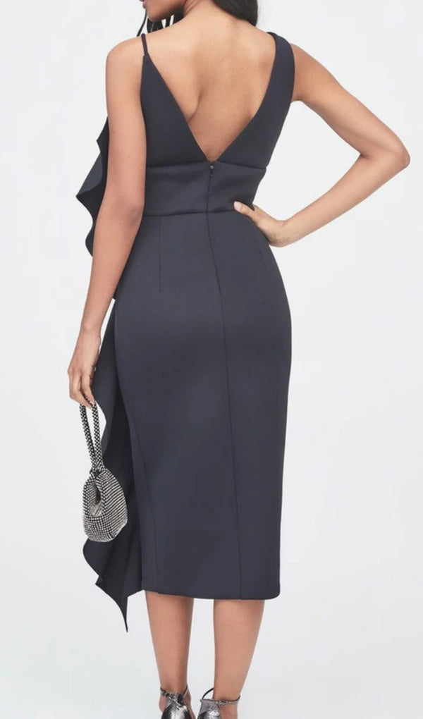 ASYMMETRIC DRAPED FRILL SCUBA DRESS