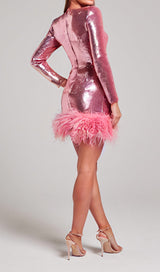 SEQUIN FEATHER MINI DRESS IN PINK