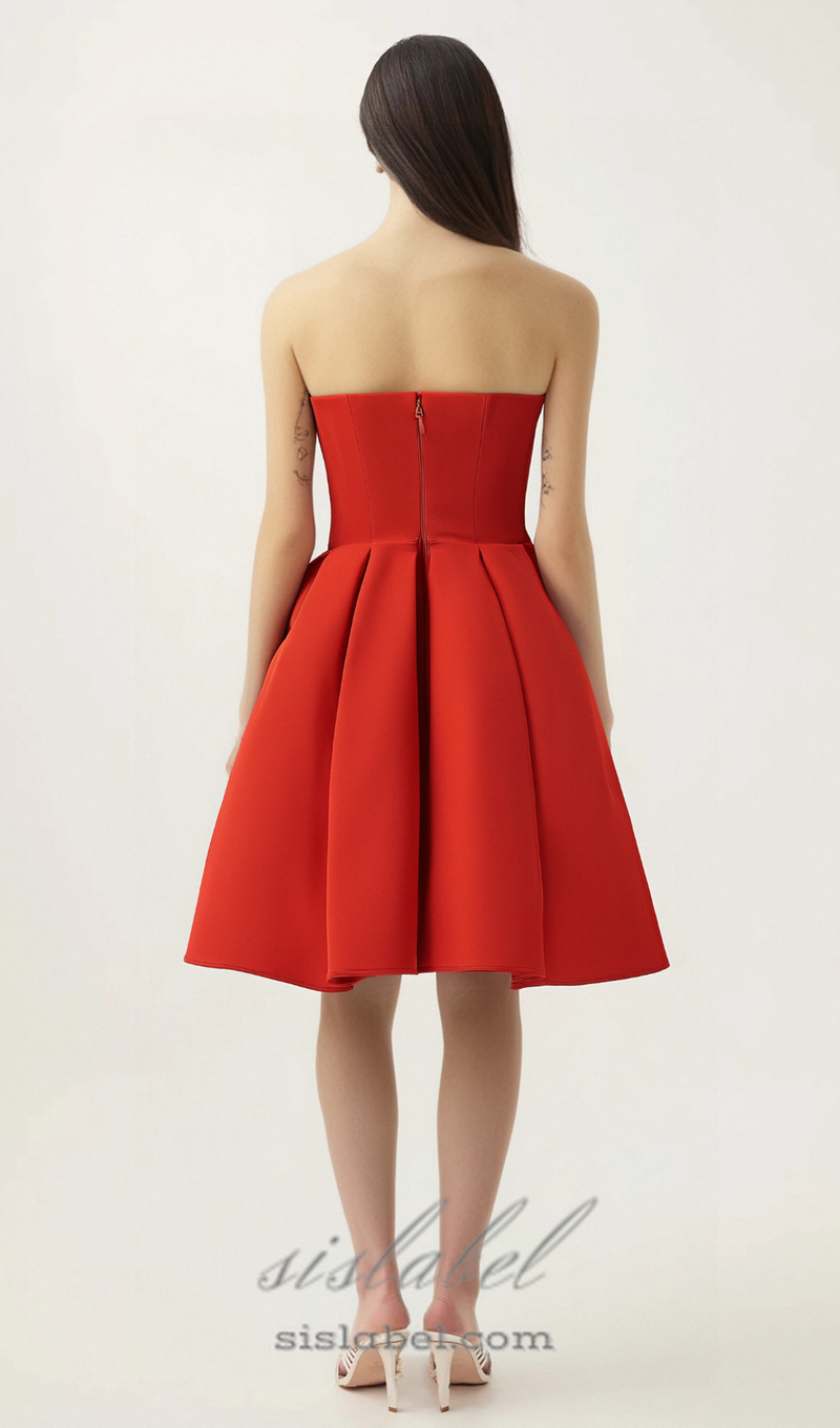 tomato red strapless pleated mini dress