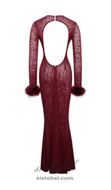 burgundy mesh feather maxi dress