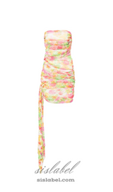 STRAPLESS FLORAL-PRINT RUCHED MINI DRESS