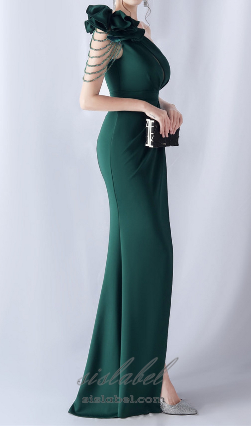 DEBBY GREEN ONE SHOULDER FLOWER CUT OUT SLIT MAXI DRESS