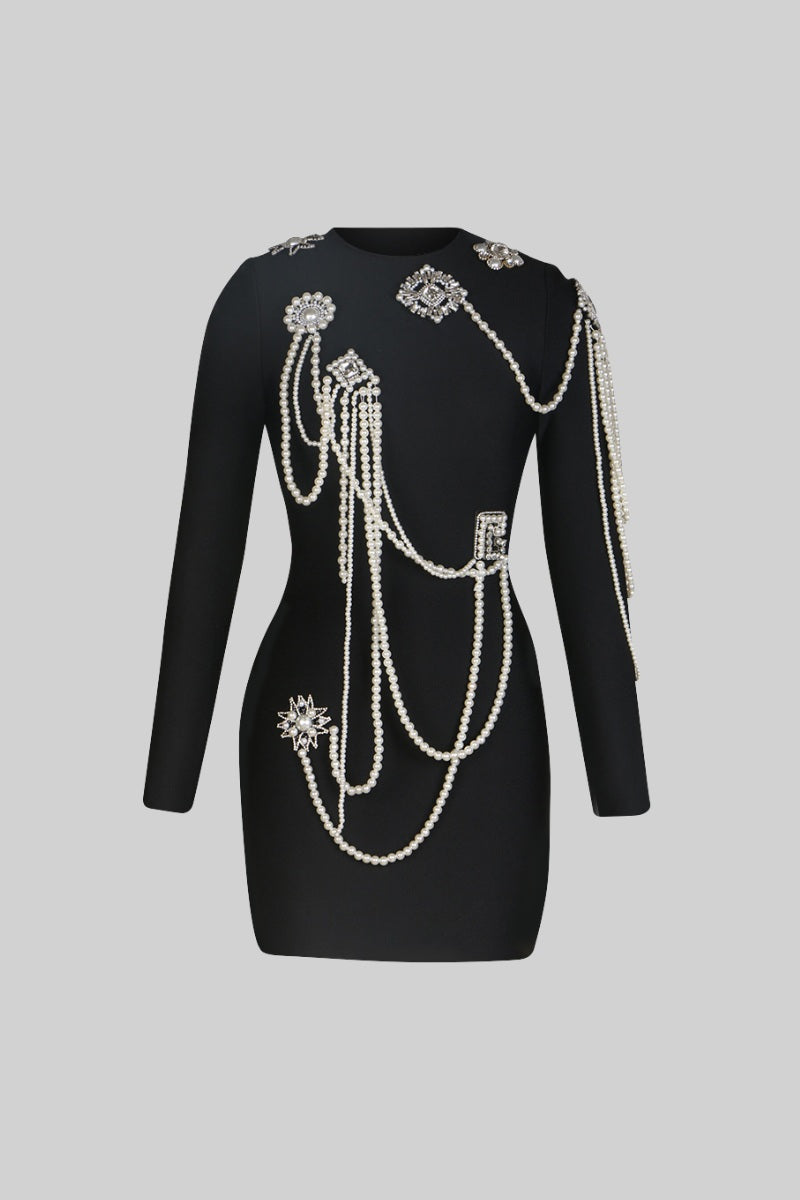 Long Sleeve Diamond Pearls Dress - Black