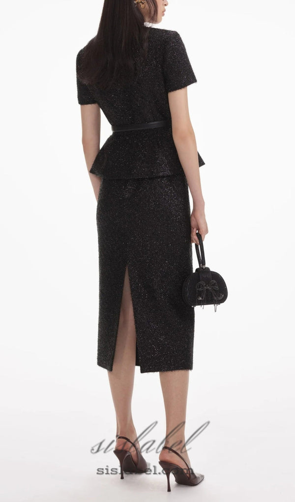 BLACK TINSEL BOUCLE TAILORED MIDI DRESS