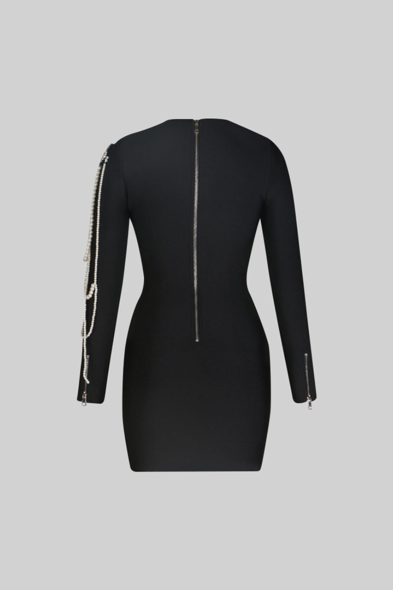 Long Sleeve Diamond Pearls Dress - Black