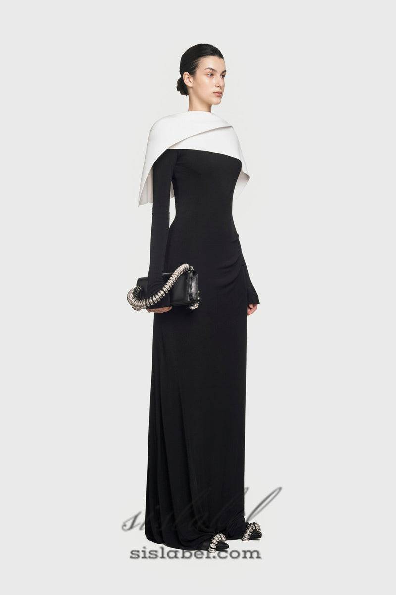 black maxi dress with draped asymmetrical shoulder pleat