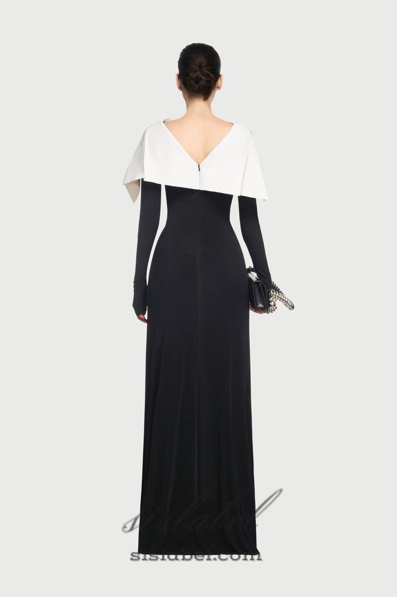 black maxi dress with draped asymmetrical shoulder pleat