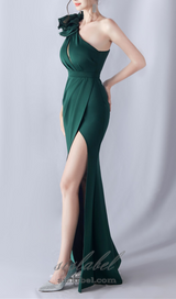 DEBBY GREEN ONE SHOULDER FLOWER CUT OUT SLIT MAXI DRESS