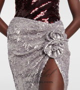 ELVIRA FLORAL-APPLIQUÉ SEQUINED MAXI SKIRT IN SLIVER