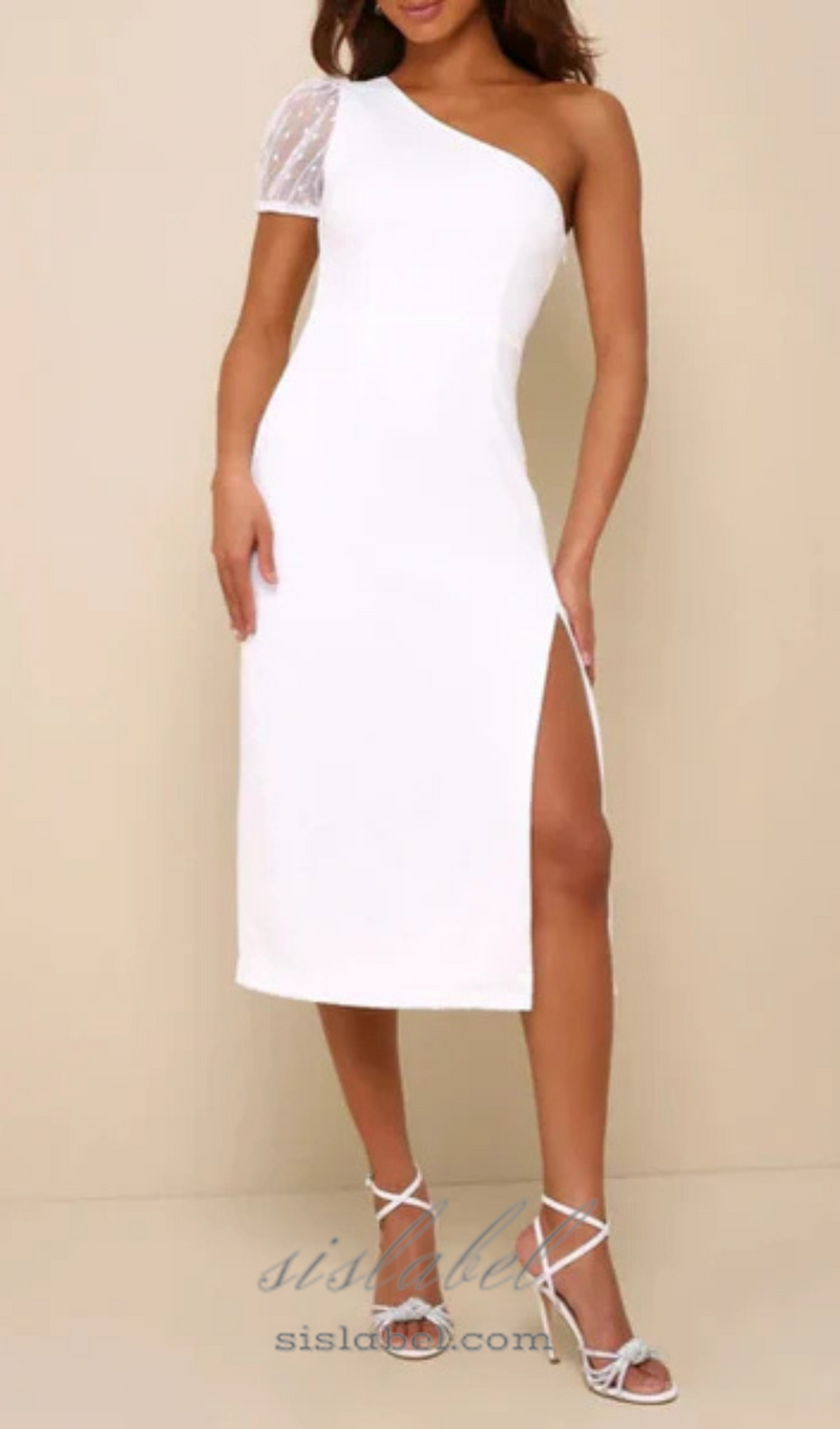 Amazing Glamour White Polka Dot Mesh One-Shoulder Midi Dress