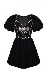 Black Diamond Chain Bow Pleated Puffy Dress