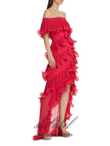 DORA ROSE RED OFF-SHOULDER PLEATED ORGANZA MAXI DRESS