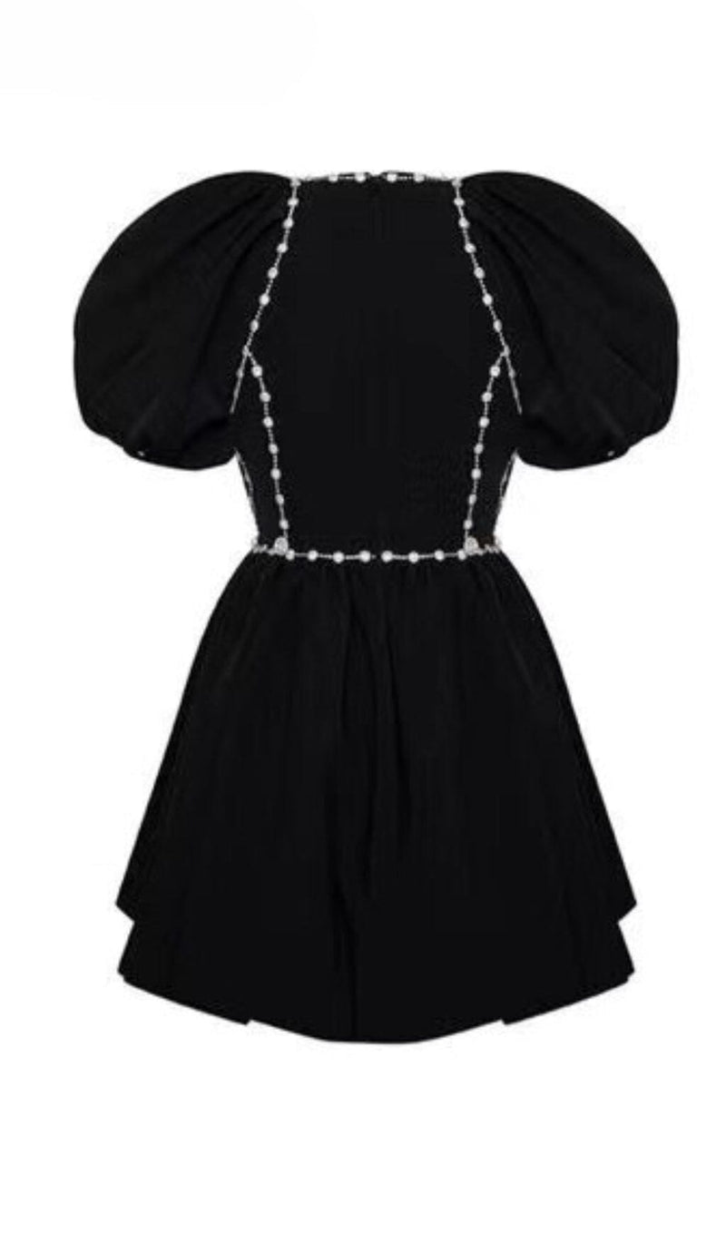 Black Diamond Chain Bow Pleated Puffy Dress