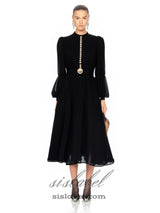 Lantern sleeve silk midi dress in black