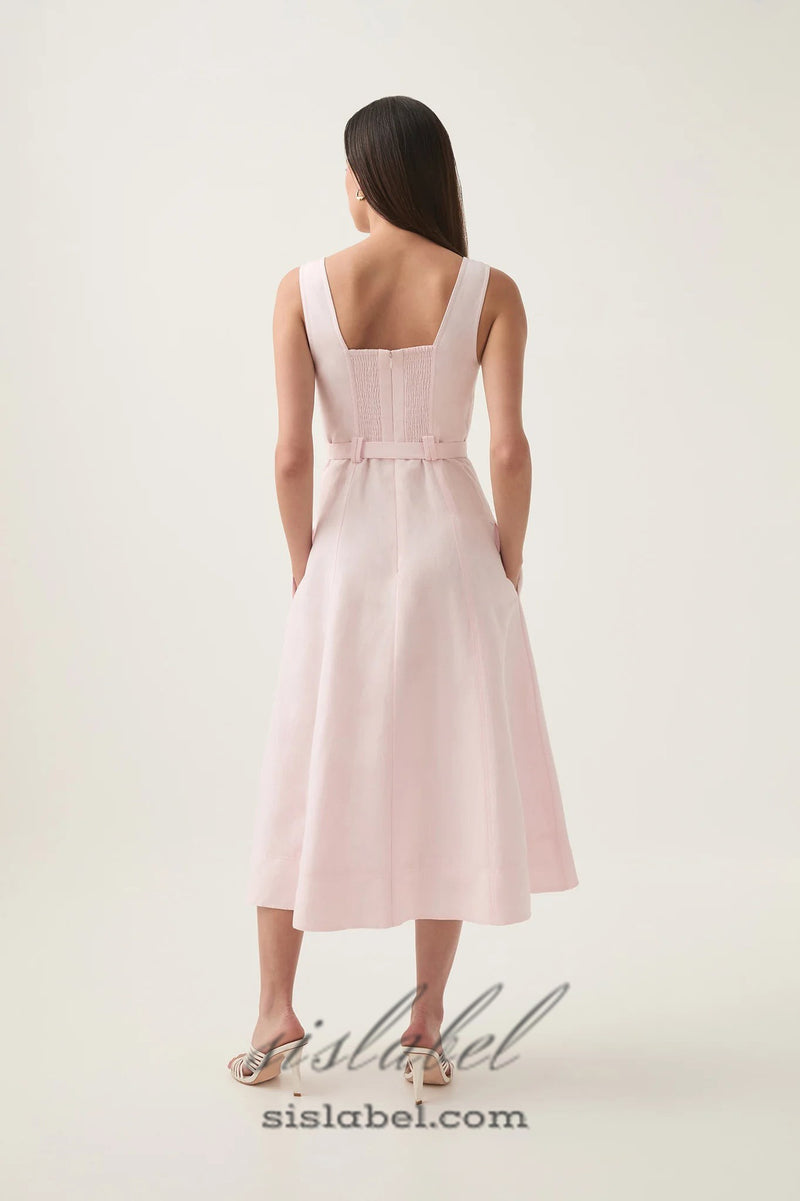 sweetheart neckline belted midi dress in pink