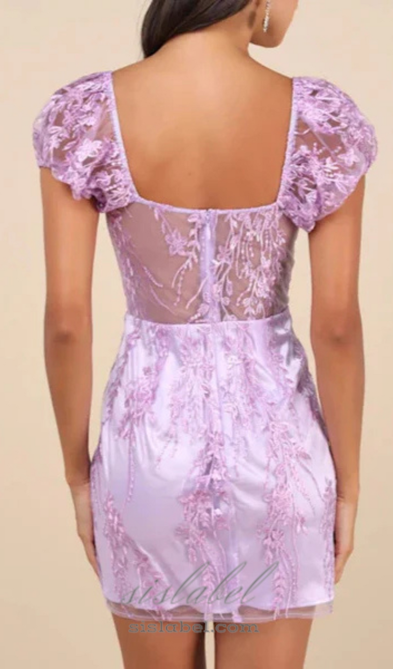 Seriously Cute Lavender Embroidered Mesh Puff Sleeve Mini Dress