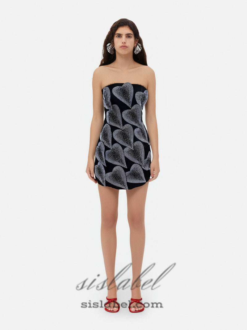 crystal leaf embellished mini dress in black