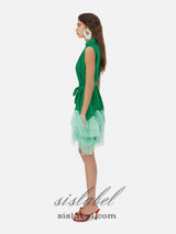 half-high-neckline tulle mini dress in green