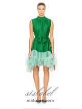 half-high-neckline tulle mini dress in green