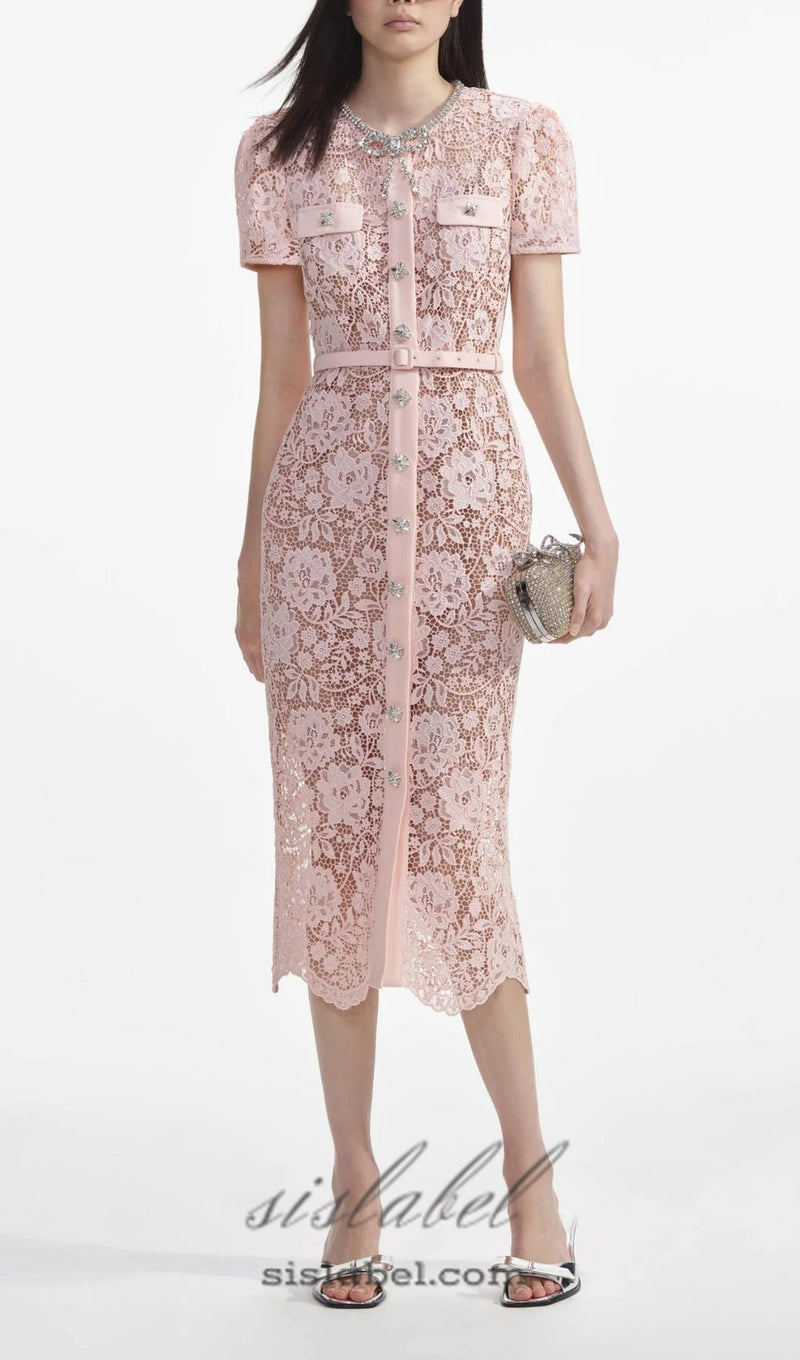 PINK LACE DIAMANTE BOW MIDI DRESS