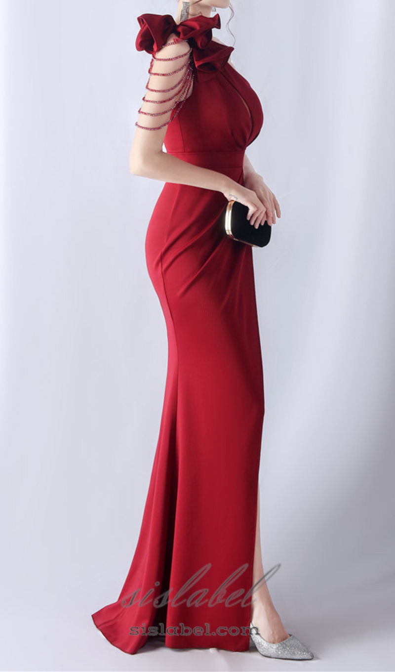 DEBBY RED ONE SHOULDER FLOWER CUT OUT SLIT MAXI DRESS