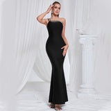 One Shoulder Diamond Bodycon Maxi Dress in black