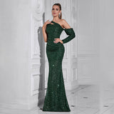 Asymmetric sequin cut out maxi dress in green