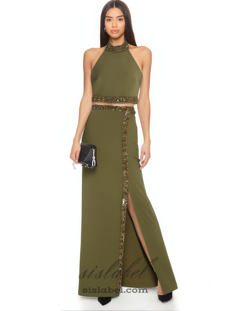 beaded diamond halter top slit skirt suit in green