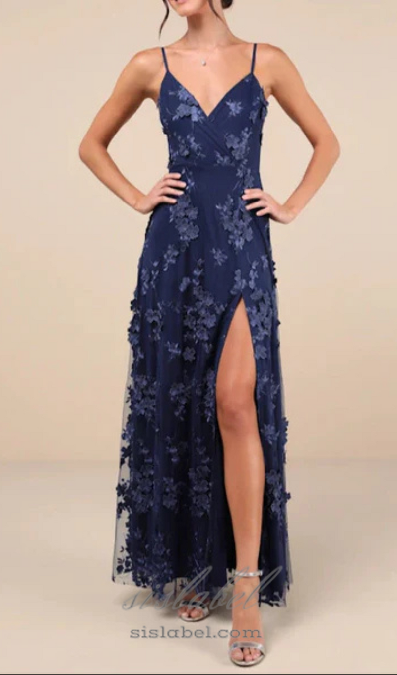 Rare Presence Navy Blue 3D Floral Surplice Maxi Dress