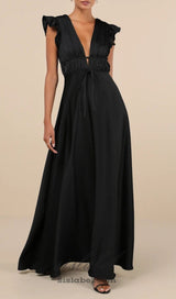 SATIN CUTOUT RUFFLED MAXI DRESS