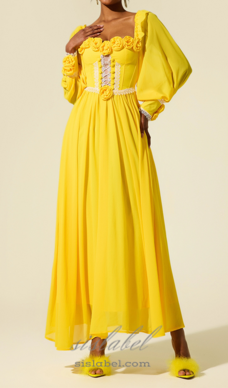 Chiffon 3D Flower Long Sleeve Midi Dress in yellow