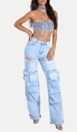 Rhinestone Cutout Cargo Jeans in Blue