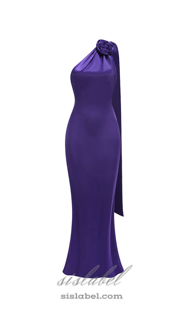 satin wrap halter gown with flower in purple