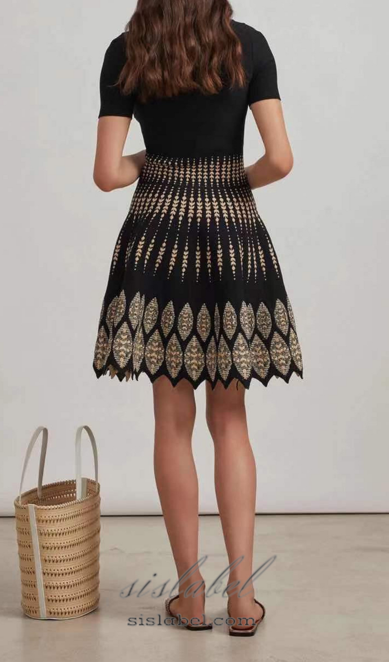 ELEANORE BLACK GEOMETRIC JACQUARD FLARE MINI DRESS