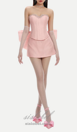 back bowknot embellished skirt suit in pink