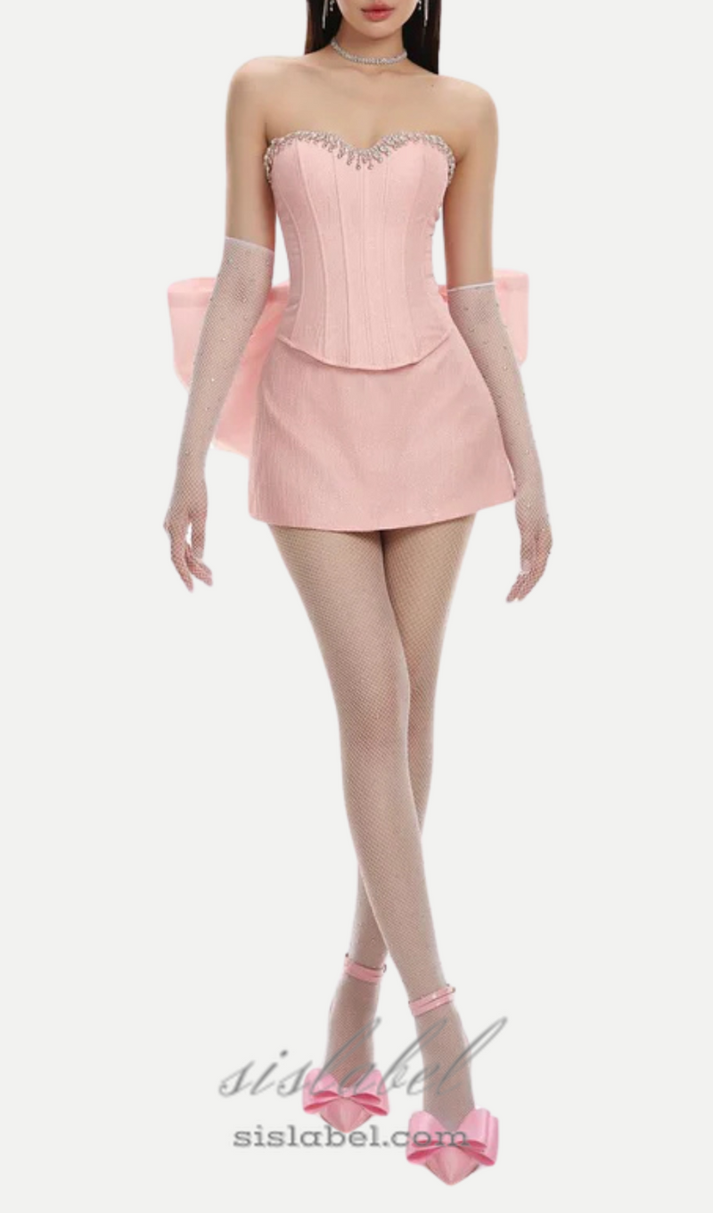 back bowknot embellished skirt suit in pink