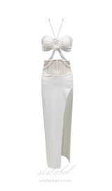 BELEN HIGHT SLIT PEARL HALTER MIDI DRESS IN WHITE