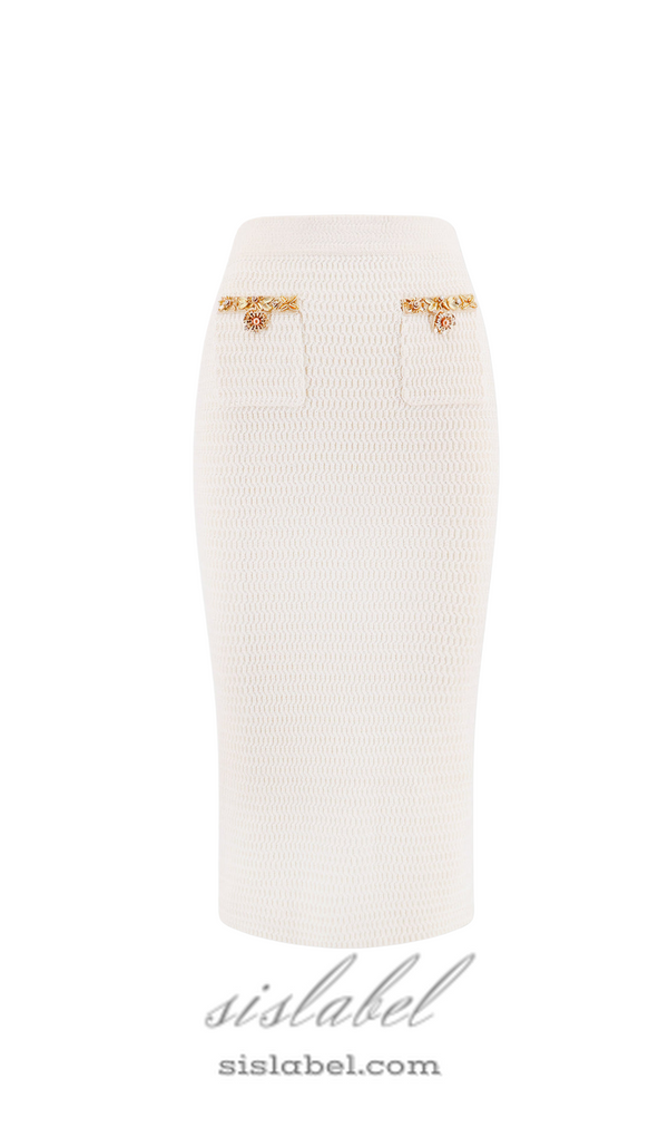 cream lurex knit midi skirt