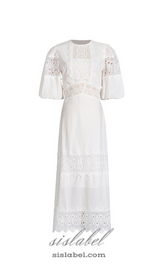 HAZEL WHITE EMBROIDERED ROUND NECK PUFF SLEEVE MIDI DRESS