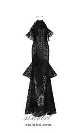 LYNN GARDENIA GUIPURE LACE RUFFLE GOWN IN BLACK