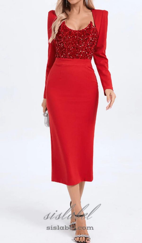 MELISSA LONG SLEEVE PATCHWORK SEQUIN MIDI DRESS IN RED