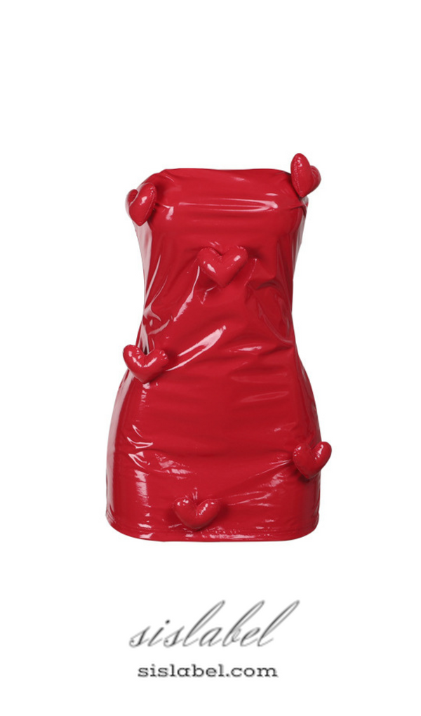 ELLA STRAPLESS HEART EMBELLISHED LEATHER MINI DRESS IN RED