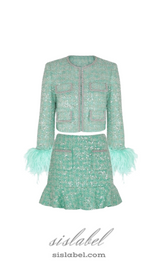 STEPHANIE BOUCLE FEATHER JACKET SUIT IN GREEN