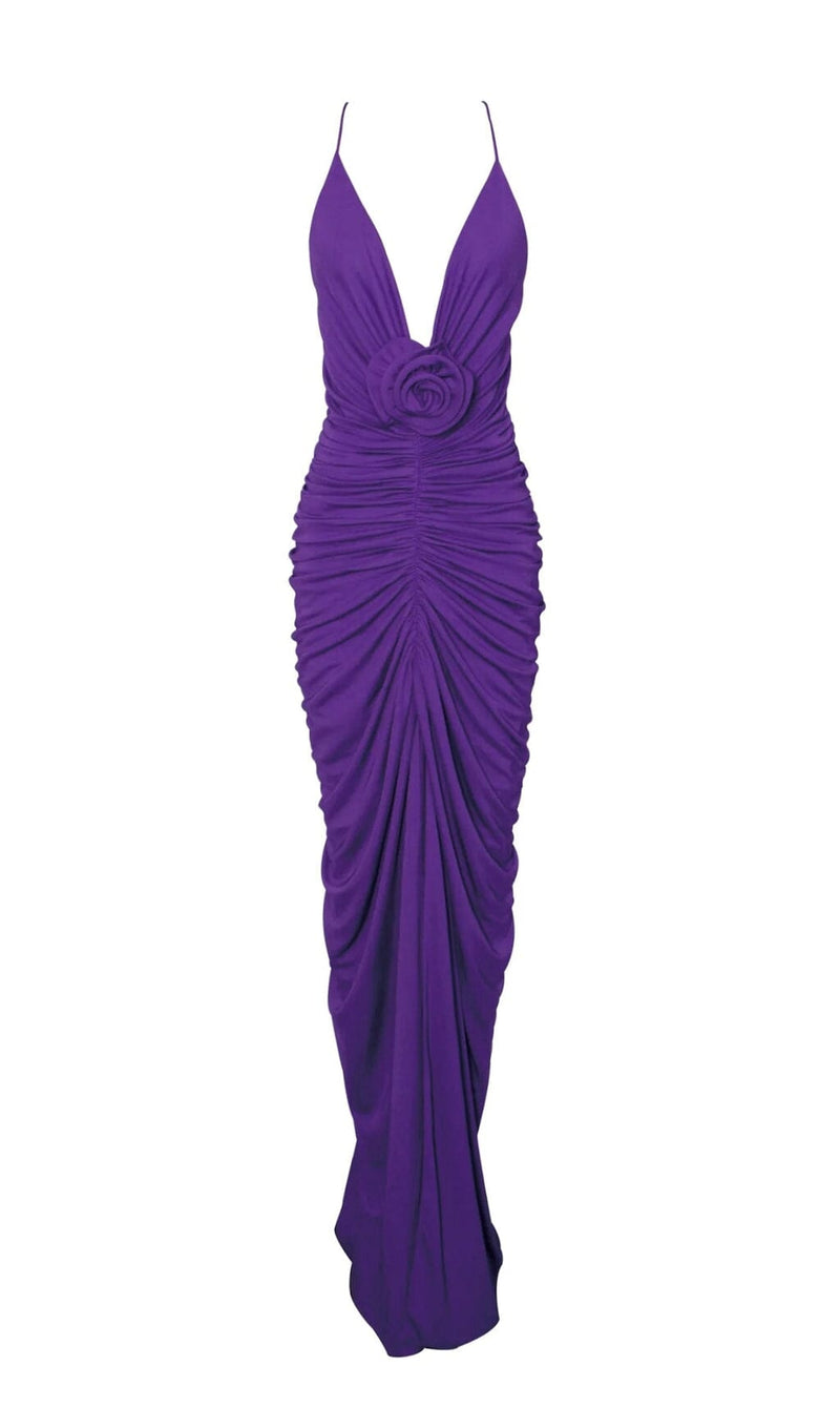 FLOWER-EMBELLISHED  PLUNGE MAXI DRESS IN AMETHYST