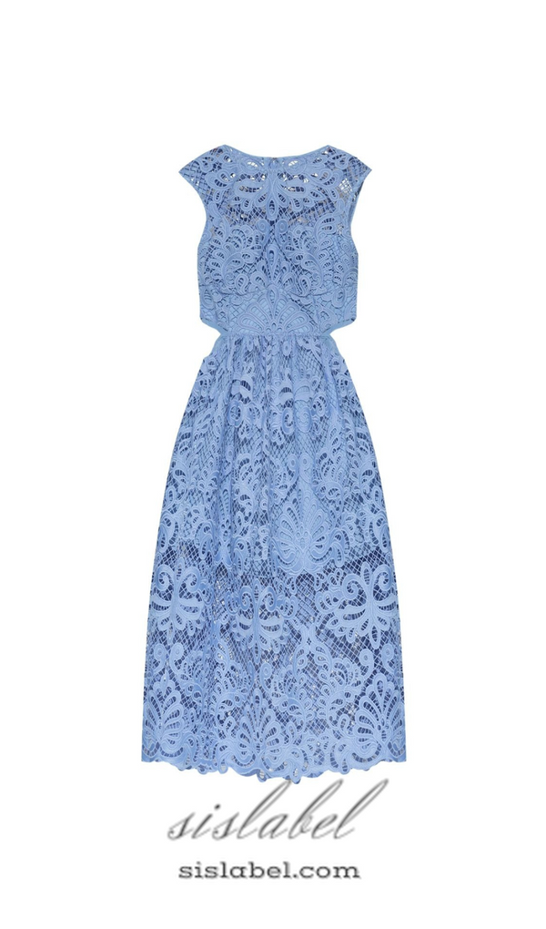 FANNY CUT-OUT LACE EMBROIDERY MIDI DRESS IN BLUE