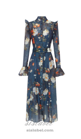 Pear Blossom Print Butterfly Sleeve Midi Dress