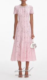 Sequin Floral Lace Midi Dress in pink