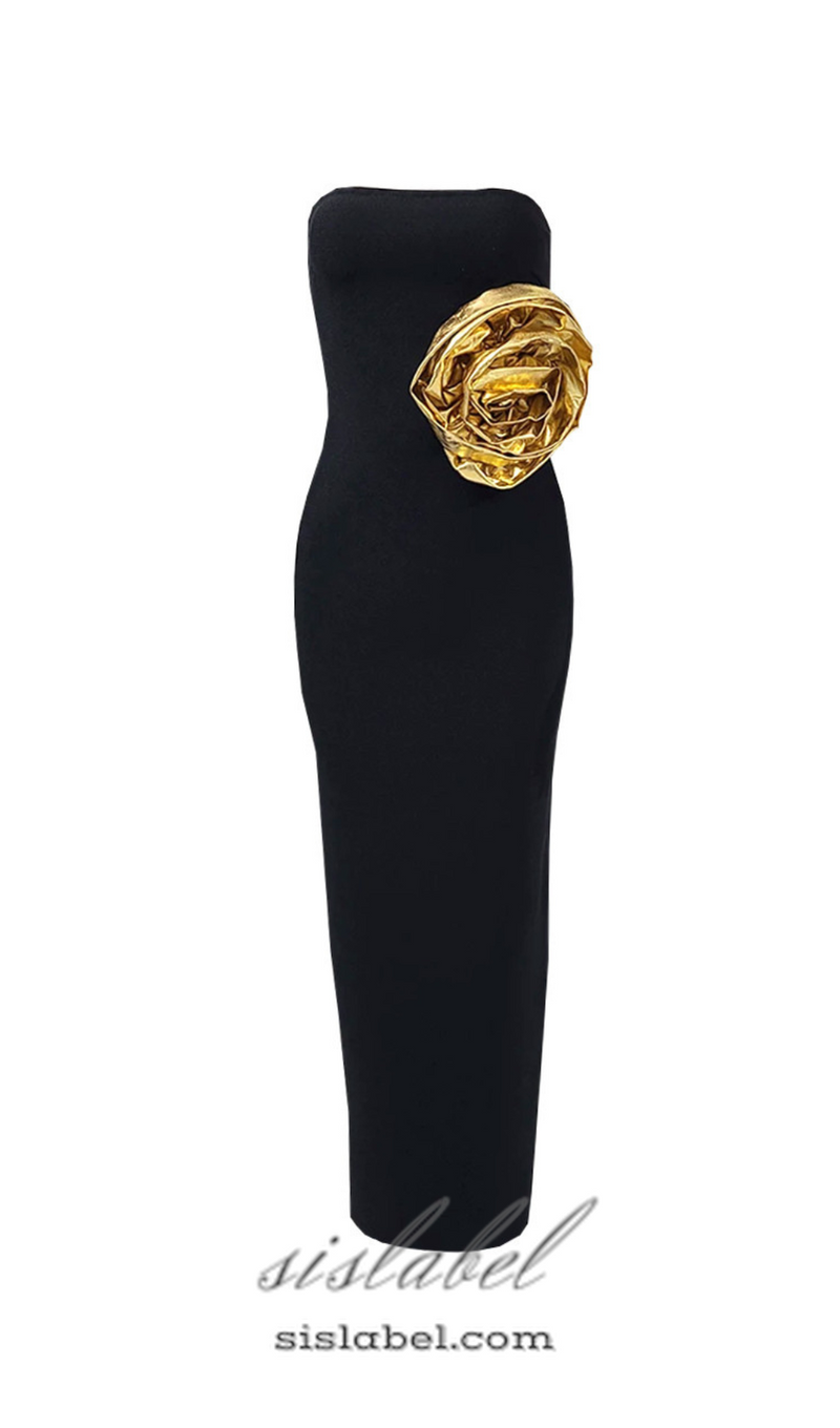 EILEEN BLACK STRAPLESS GOLD ROSE EMBELLISHED MIDI DRESS