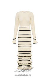 BRIDGET KNIT STRIPE FRILL MIDI DRESS IN WHITE