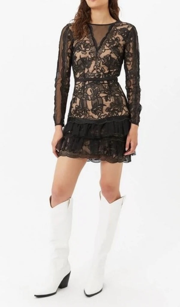 black tulle ruffle hem embroidered lace mini dress